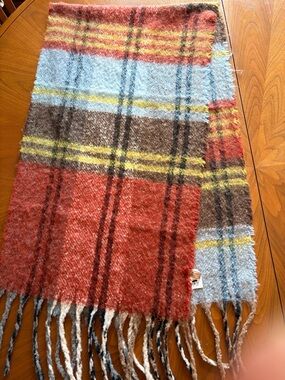 Cozy Plaid Fringe Scarf in Red, Blue, Brown & Yellow